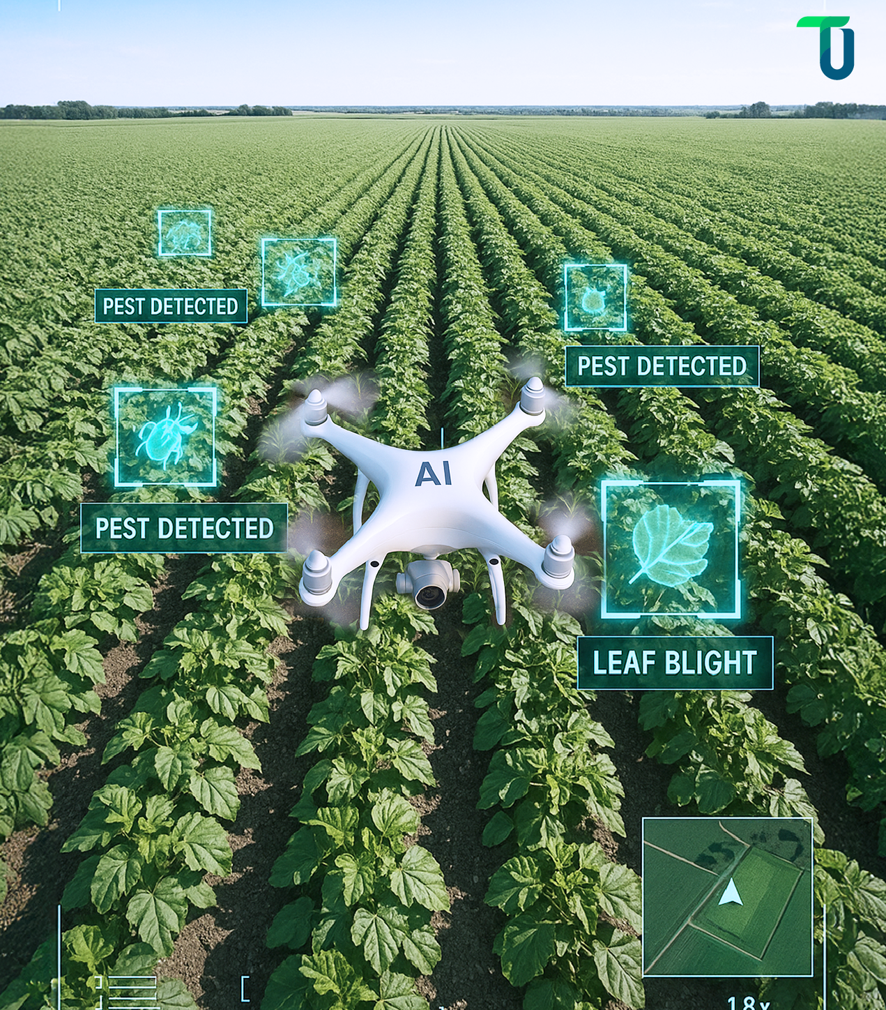 Drone scanning crop field with AI pest detection overlay